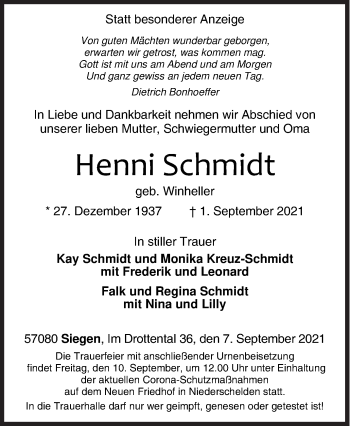 Traueranzeige von Henni Schmidt von Siegener Zeitung