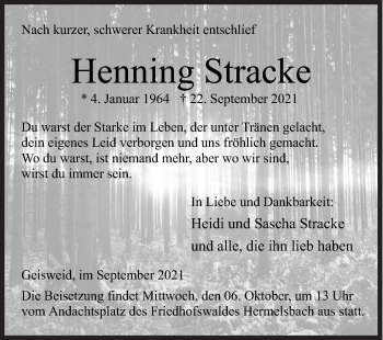 Traueranzeige von Henning Stracke von Siegener Zeitung
