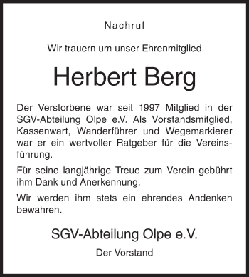 Traueranzeige von Herbert Berg von Siegener Zeitung