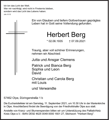 Traueranzeige von Herbert Berg von Siegener Zeitung