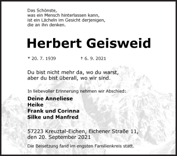 Traueranzeige von Herbert Geisweid von Siegener Zeitung