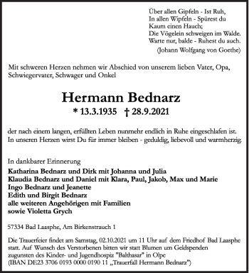 Traueranzeige von Hermann Bednarz von Siegener Zeitung