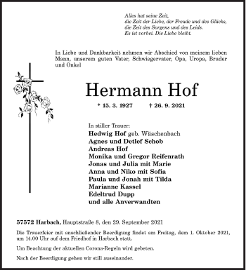 Traueranzeige von Hermann Hof von Siegener Zeitung