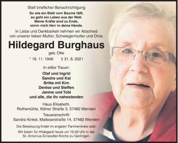 Traueranzeige von Hildegard Burghaus von Siegener Zeitung