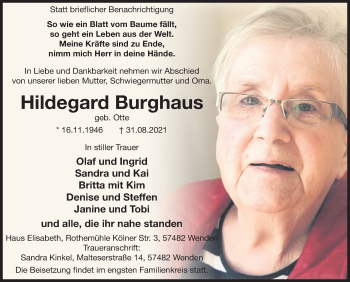 Traueranzeige von Hildegard Burghaus von Siegener Zeitung
