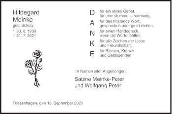 Traueranzeige von Hildegard Meinke von Siegener Zeitung