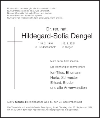 Traueranzeige von Hildegard-Sofia Dengel von Siegener Zeitung