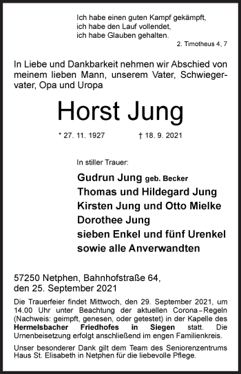Traueranzeige von Horst Jung von Siegener Zeitung