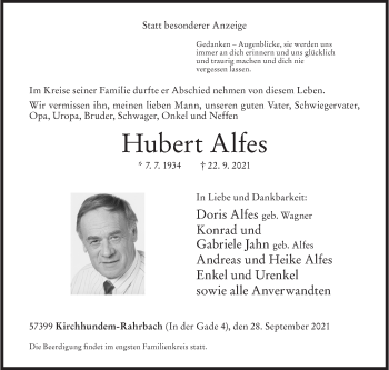 Traueranzeige von Hubert Alfes von Siegener Zeitung