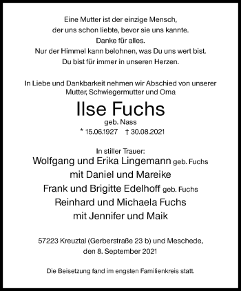 Traueranzeige von Ilse Fuchs von Siegener Zeitung
