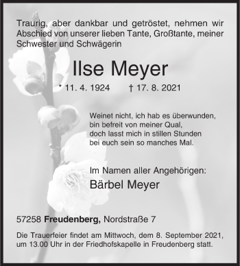 Traueranzeige von Ilse Meyer von Siegener Zeitung