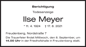 Traueranzeige von Ilse Meyer von Siegener Zeitung