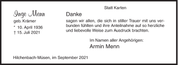 Traueranzeige von Inge Menn von Siegener Zeitung