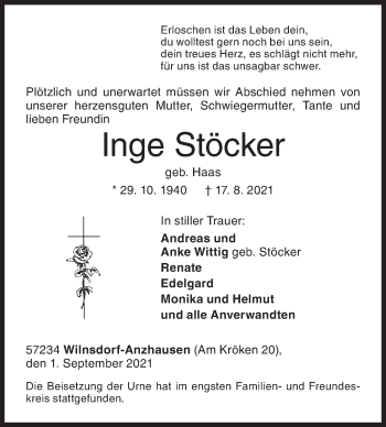Traueranzeige von Inge Stöcker von Siegener Zeitung