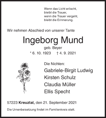 Traueranzeige von Ingeborg Mund von Siegener Zeitung