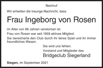 Traueranzeige von Ingeborg von Rosen von Siegener Zeitung