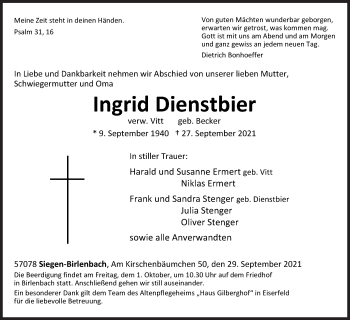 Traueranzeige von Ingrid Dienstbier von Siegener Zeitung