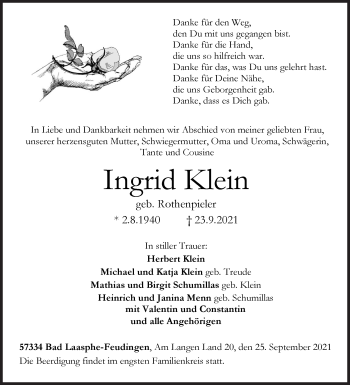 Traueranzeige von Ingrid Klein von Siegener Zeitung