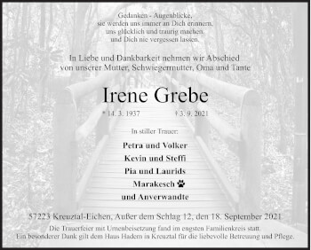 Traueranzeige von Irene Grebe von Siegener Zeitung
