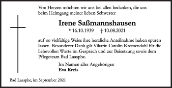 Traueranzeige von Irene Saßmannshausen von Siegener Zeitung