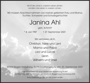 Traueranzeige von Janina Ahl von Siegener Zeitung