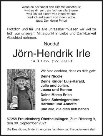 Traueranzeige von Jörn-Hendrik Irle von Siegener Zeitung