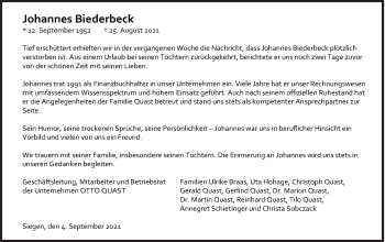 Traueranzeige von Johannes Biederbeck von Siegener Zeitung