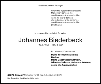 Traueranzeige von Johannes Biederbeck von Siegener Zeitung