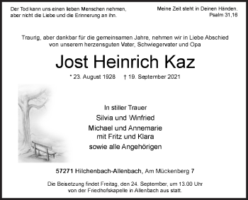 Traueranzeige von Jost Heinrich Kaz von Siegener Zeitung
