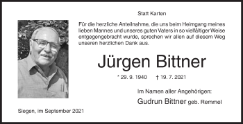 Traueranzeige von Jürgen Bittner von Siegener Zeitung