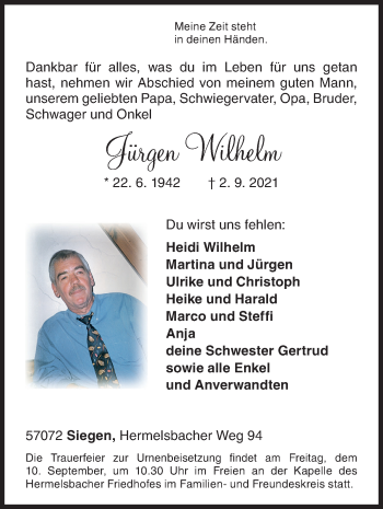 Traueranzeige von Jürgen Wilhelm von Siegener Zeitung