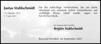 Traueranzeige von Justus Stahlschmidt von Siegener Zeitung