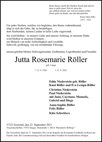 Traueranzeige von Jutta Rosemarie Röller von Siegener Zeitung