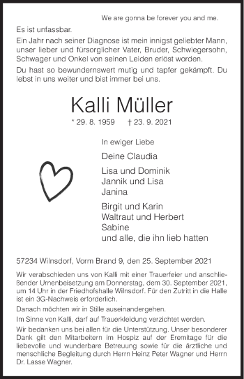 Traueranzeige von Kalli Müller von Siegener Zeitung