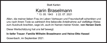 Traueranzeige von Karin Braselmann von Siegener Zeitung