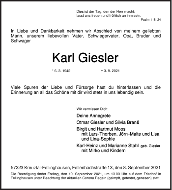 Traueranzeige von Karl Giesler von Siegener Zeitung
