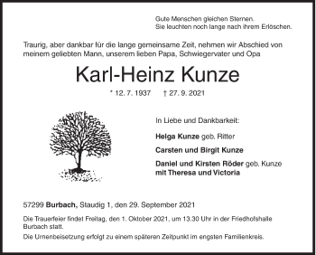 Traueranzeige von Karl-Heinz Kunze von Siegener Zeitung