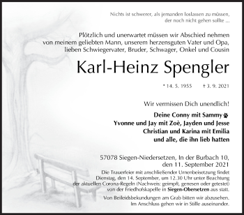 Traueranzeige von Karl-Heinz Spengler von Siegener Zeitung