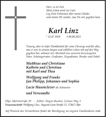 Traueranzeige von Karl Linz von Siegener Zeitung