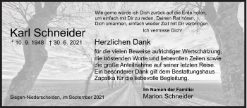 Traueranzeige von Karl Schneider von Siegener Zeitung