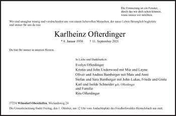 Traueranzeige von Karlheinz Ofterdinger von Siegener Zeitung