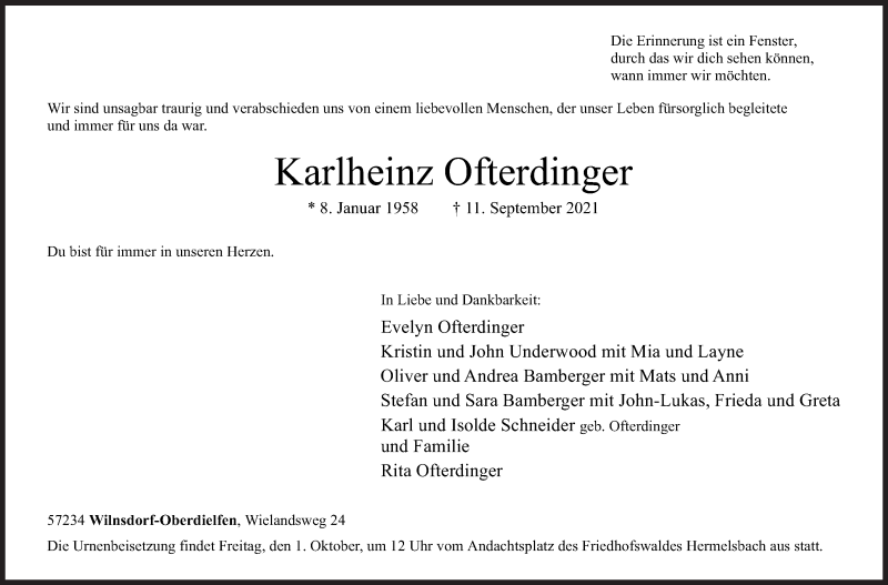  Traueranzeige für Karlheinz Ofterdinger vom 15.09.2021 aus Siegener Zeitung
