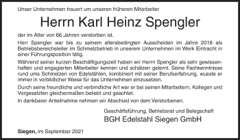 Traueranzeige von Karl Heinz Spengler von Siegener Zeitung