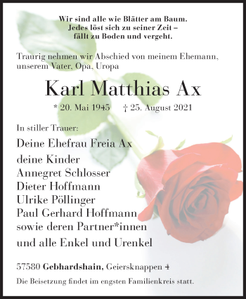Traueranzeige von Karl Matthias Ax von Siegener Zeitung