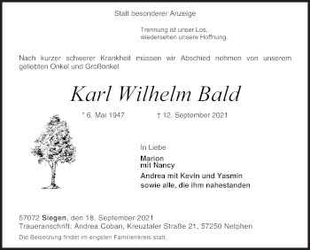 Traueranzeige von Karl Wilhelm Bald von Siegener Zeitung
