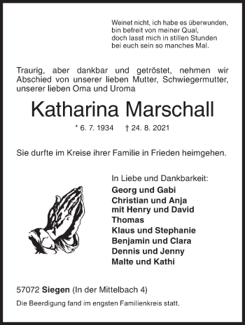 Traueranzeige von Katharina Marschall von Siegener Zeitung