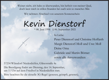 Traueranzeige von Kevin Dienstorf von Siegener Zeitung