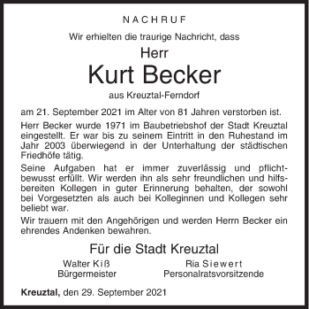 Traueranzeige von Kurt Becker von Siegener Zeitung