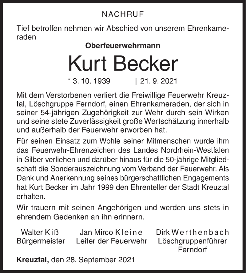  Traueranzeige für Kurt Becker vom 28.09.2021 aus Siegener Zeitung