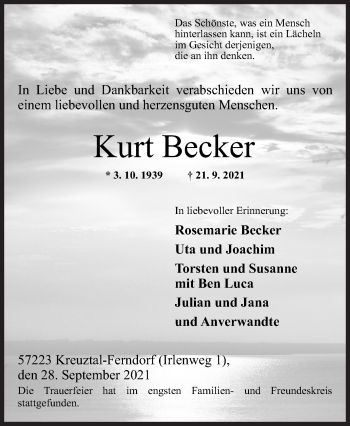 Traueranzeige von Kurt Becker von Siegener Zeitung
